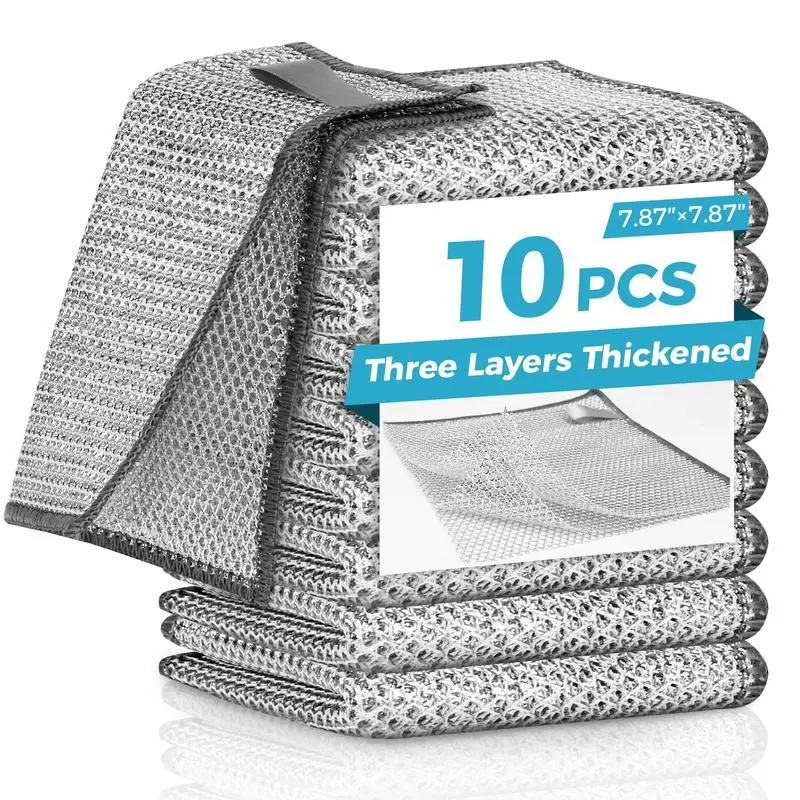 10 Pcs New Upgrade 3-Layer Metal Dish Cloth, Scratch-Resistant, Odor-Free, Multipurpose Wire Dishwashing Rag, 7.87x7.87 In, for Kitchen Cleaning (Sinks, Dishes), Three Layers