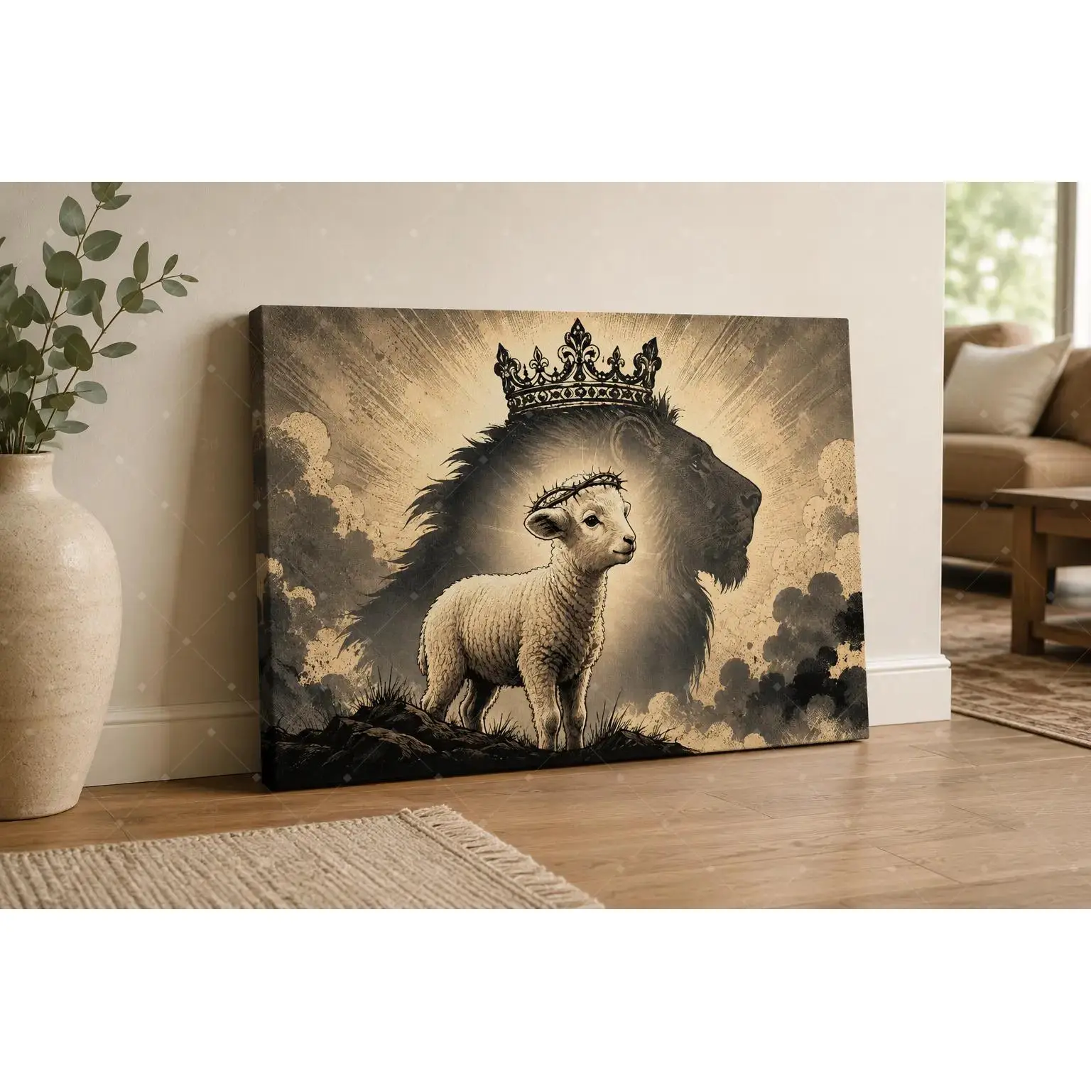Vintage Sepia Lion Crown Lamb Thorn Crown Canvas Wall Art, Faith Animal Radiant Cloud Painting For Living Room Bedroom Prayer Room Farmhouse Apartment Wall Decor, Available as Unframed Canvas Poster or Framed Canvas Wrap