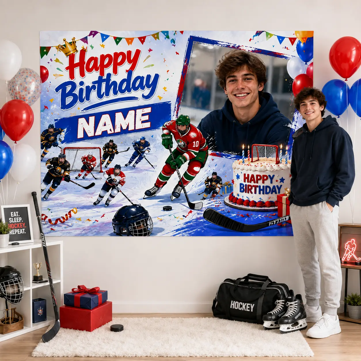 Personalized Ice Hockey Birthday Backdrop, Custom Name Photo Sports Party Banner, Red Blue Rink Birthday Background