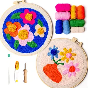 SPINNY Punch Needle Kit, Two Large Floral Designs w/ 2 Embroidery Hoops, Includes Beginner Video Tutorials and Instructions, Beginner Punch Stitch for Adults, Complete Kit for Crafters