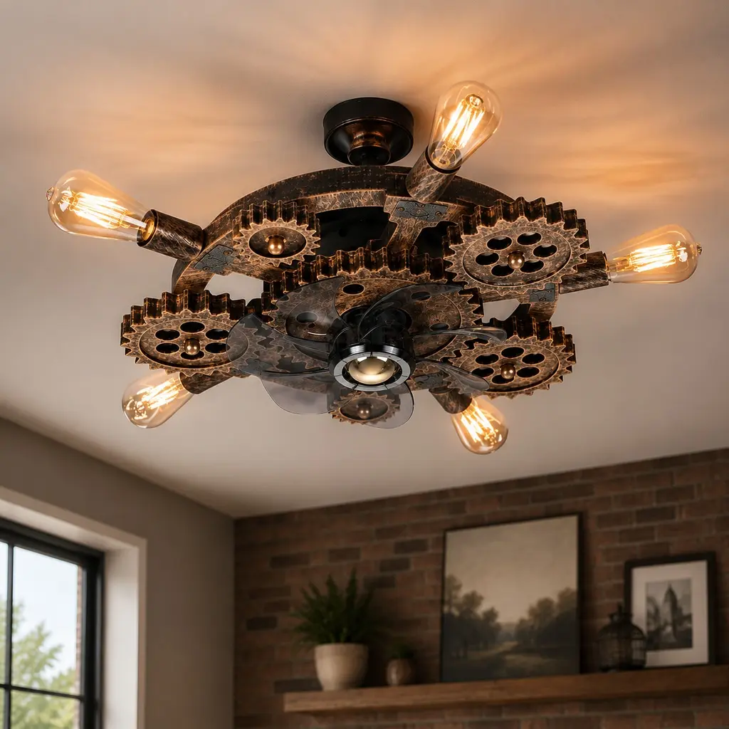 20-Inch Industrial Rustic Farmhouse Iron Cage Ceiling Fan with Light, 7 Blades, Reversible DC Motor, Remote Control, 6 Speeds, Timer, for Indoor Dining Room, Living Room (Bulbs Not Included)
