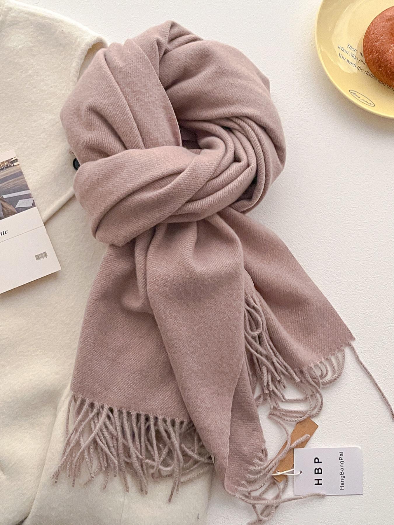 Solid Color Fringe Trim Design Scarf, Casual Soft Warm Shawl for Daily Wear, Fashion Accessories for Women & Girls