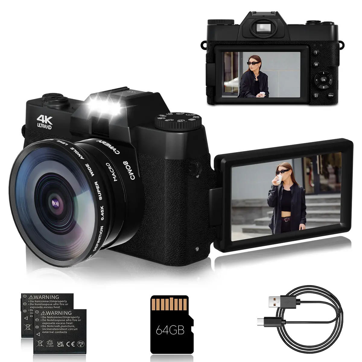 4K Vlogging Camera with Flip Screen & Wi-Fi, 48MP Digital Camera for YouTube Creators, DSLR-Style Point and Shoot with Wide Angle & Macro Lens Kit, 64GB Card & 2 Batteries