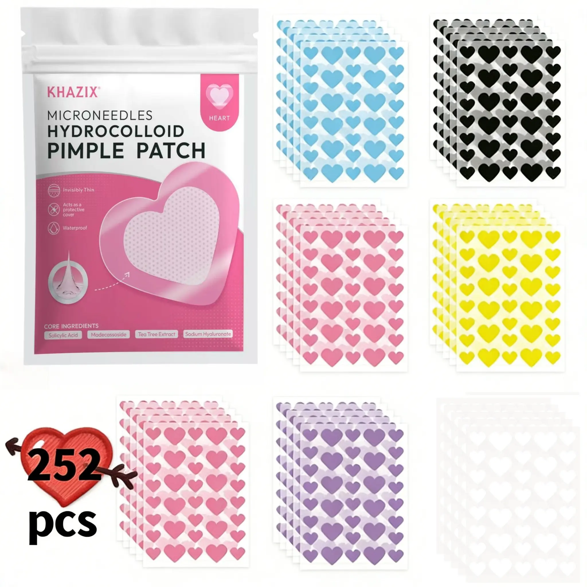 252pcs Heart-Shaped Hydrogel Acne Patches, Waterproof Breathable Non-Irritating, Daily Face Care & Makeup Base, Travel Essential, Hydrocolloid Acne Patch, Hydrocolloid Zit Covers