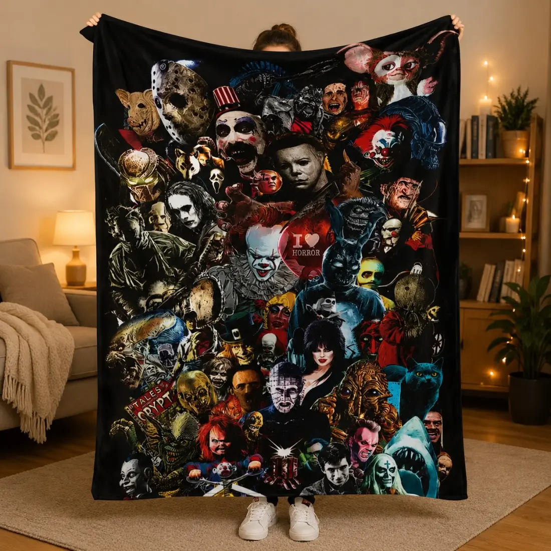 All Classic Horror Movie Villains Collage Flannel Throw Blanket, I Love Horror Multi Character Print Ultra Soft Lightweight Blanket for Bed Sofa Halloween Party Decor, Perfect Halloween Birthday Gift for Horror Movie Fans