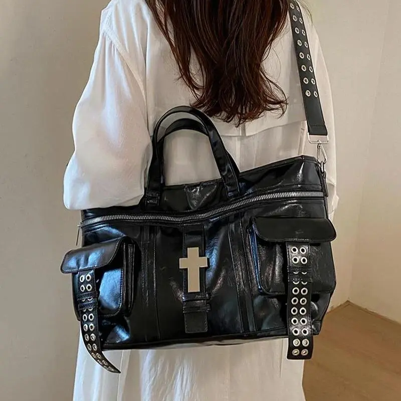 Women's Vintage Shoulder Bag, Motorcycle Style PU Leather Satchel with Rivet Studs, Large Capacity Crossbody with Multi Pockets & Zip Closure, Purse Shoulder Bag