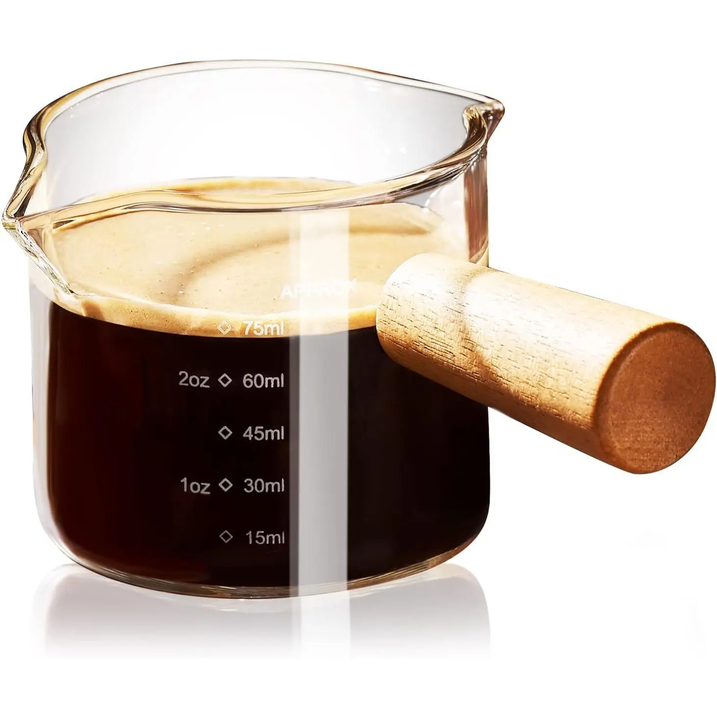 Espresso Measuring Cup with Handle, 3.5 oz Double-Spout Glass | Espresso pour cup has  oz/ml scales and V-shaped spouts; borosilicate glass and acacia handle make  shots easy