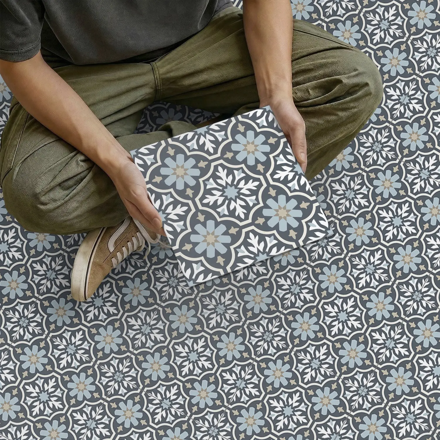 Moroccan Zellij Star Clover Vintage Cement Tile, Peel-And-Stick Floor Sticker, Waterproof Non-Slip, DIY Decor for Kitchen, Bathroom, Bedroom, Office