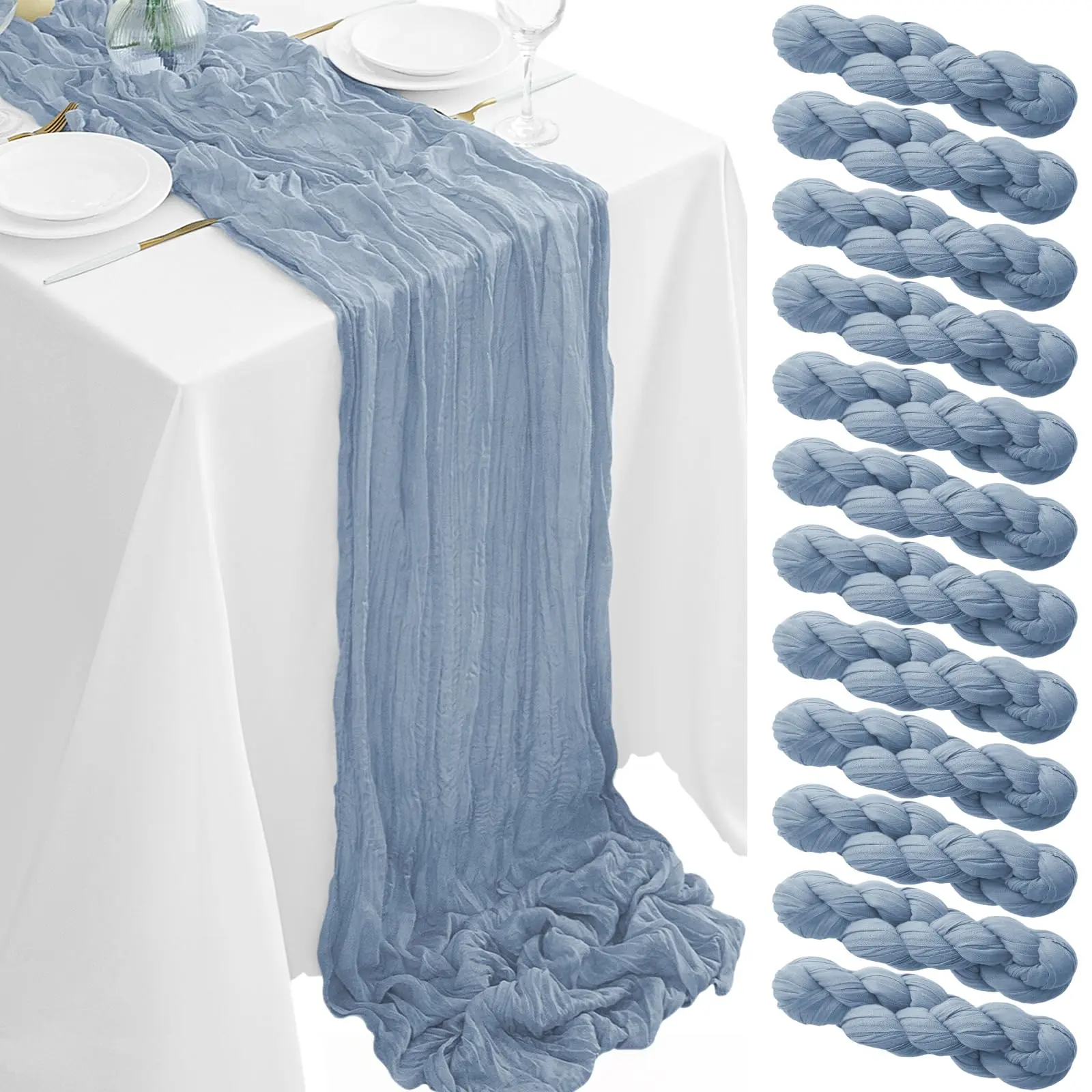 Dusty Blue & Light Blue Seamless Pleated Cheesecloth Table Runner (17x108 in) - 6/12 Pack Semi Sheer Rustic Soft Boho Gauze Fabric, Romantic Vibe All Seasons Decor for Wedding, Home (Note: Avoid Direct Sunlight)