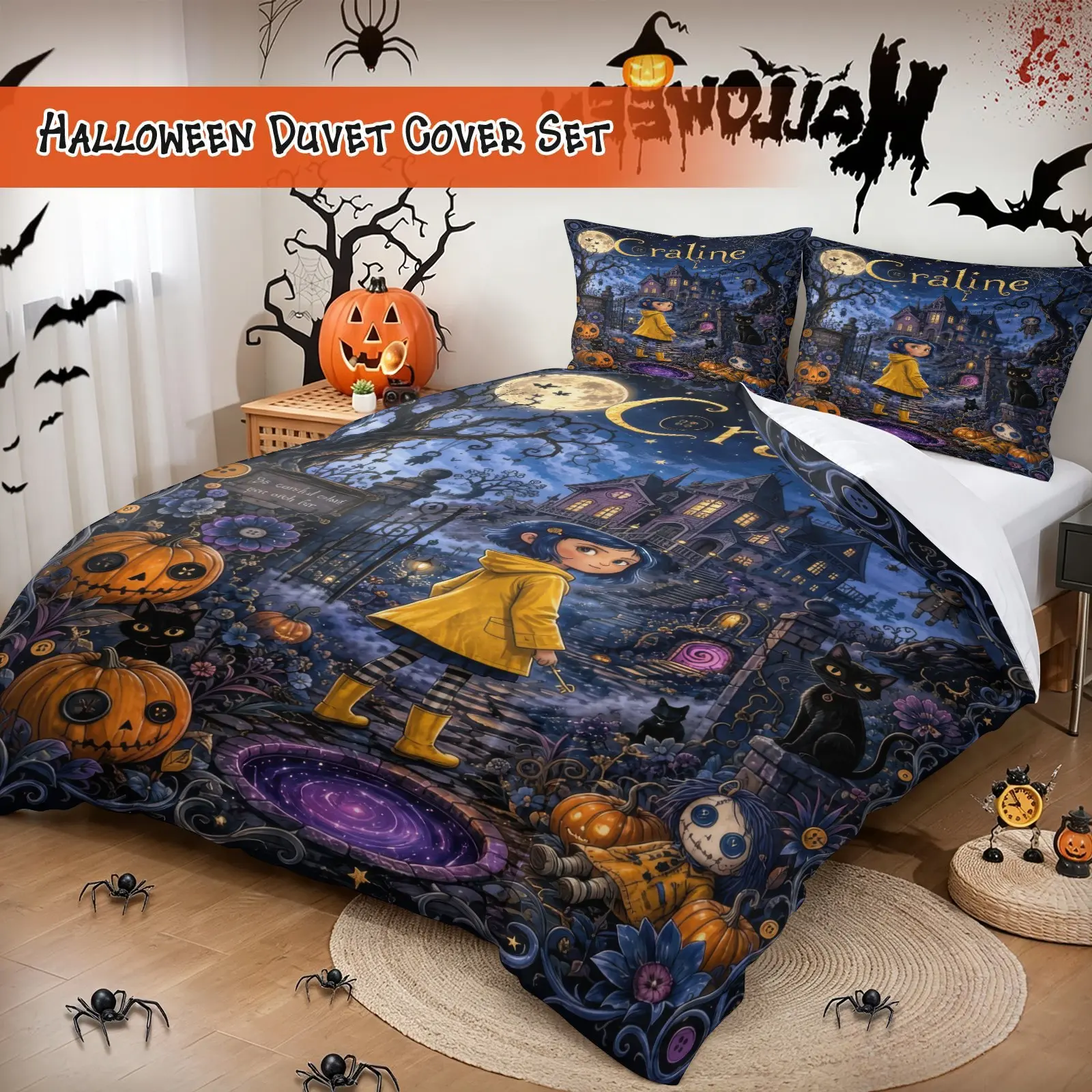 Halloween “ghost Mom” Duvet Cover Set, Button Doll & Jack o' lantern Print, 1 Duvet Cover with 1-2 Pillowcases, Ultra-Soft Fiber All Season Cozy Bedding, Halloween Home Decor for Bedroom, Ideal Fan Favorite Gift