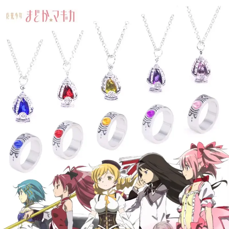 Anime Madoka Magica Soul Gem Jewelry Set - Color Crystal Pendant Necklace, Matching Cosplay Rings, Everyday Wear Jewelry, Magical Girl Otaku Cosplay Gift