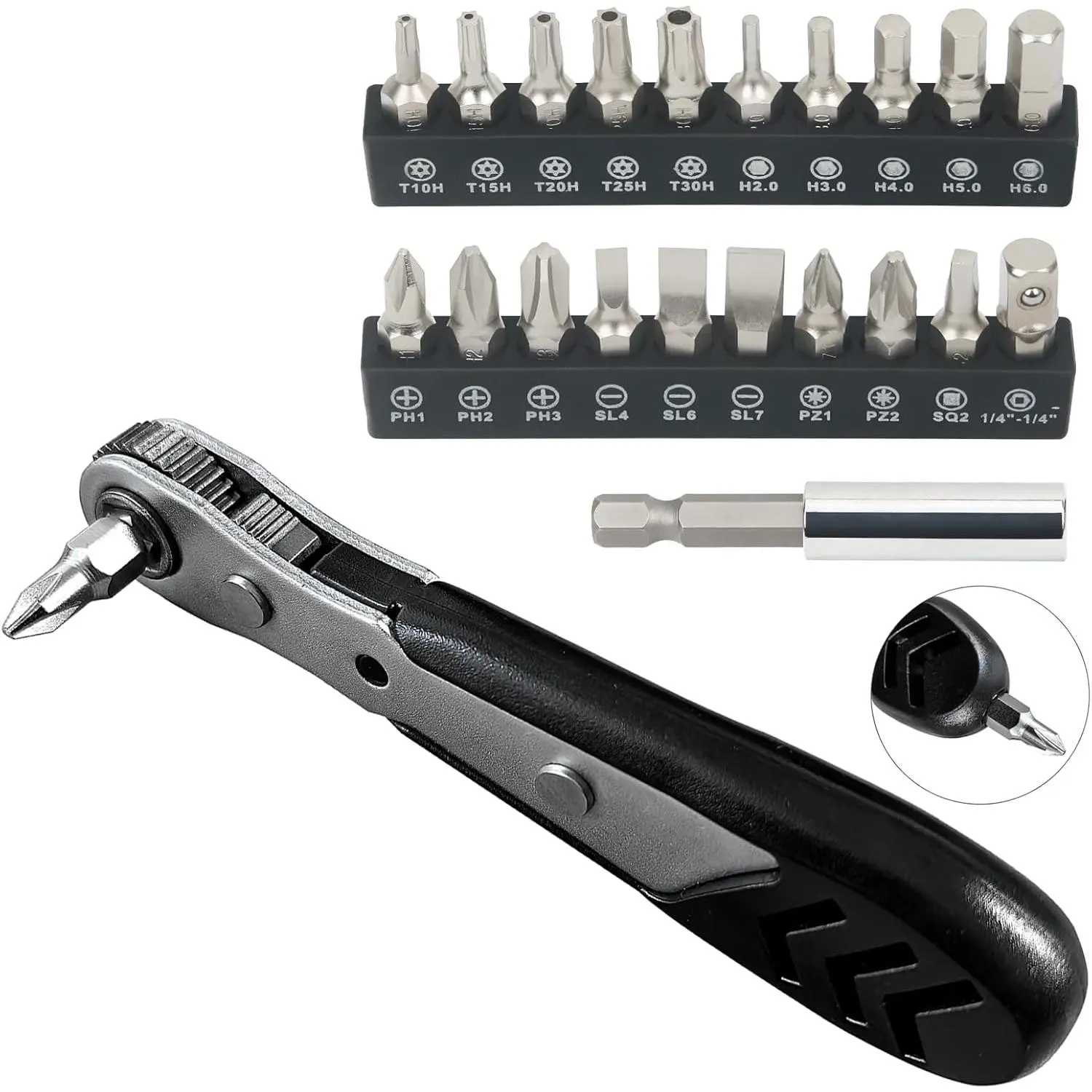 Mini Ratchet Set, 22-Piece 1/4 Ratchet Angle Screwdriver| 36-Tooth Small Ratcheting Wrench Bit Ratchet For Tight, with, Torx, Hex, Square and Adapter for
