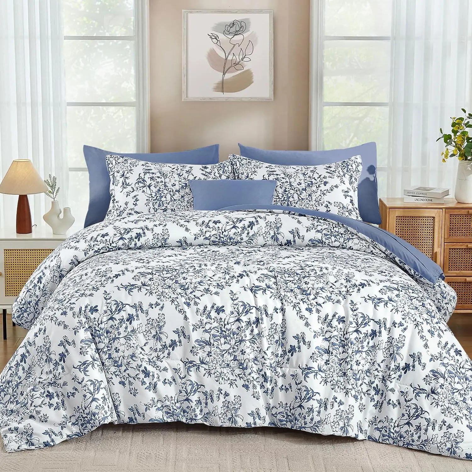 Blue Floral Comforter Set  Size, 8 count Flower Botanical Bed in a Bag  Set, Soft Microfiber Comforter, Sheets, Pillowcases & Shams (90"x104")