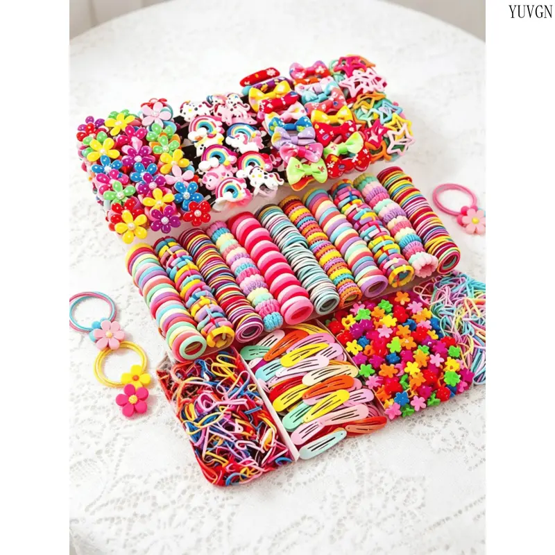 906 pieces/sets - Magic Girl Hair Accessories Set, Hair accessories kit, Elastic hair accessory, colorful hair bands, cartoon rainbow style hair clips, Cartoon Bowknot, safe and anti-slip design, perfect for girls ponytails, chignons, gift for girls