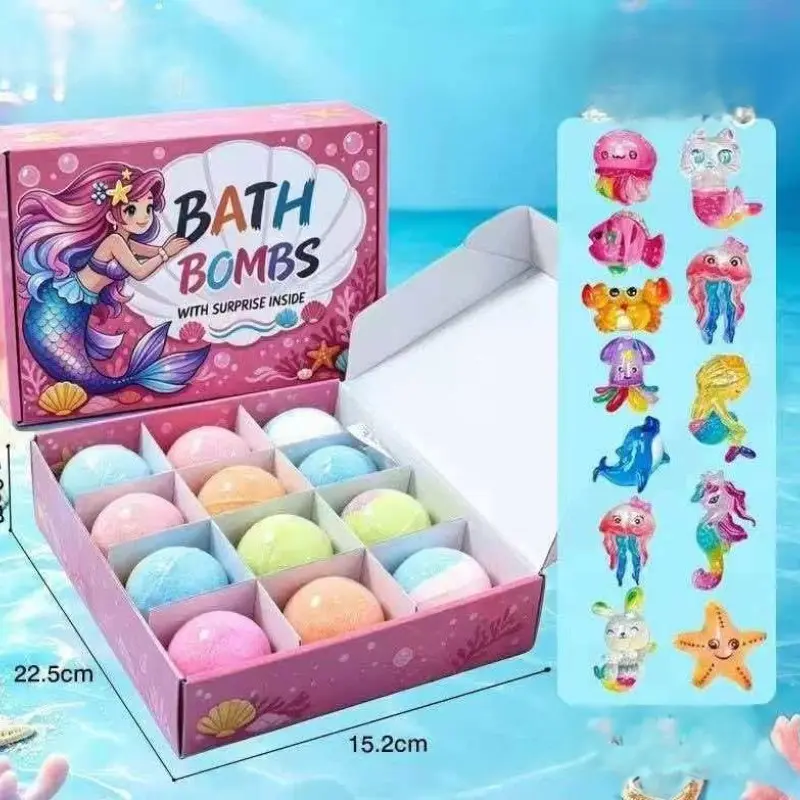 Kids Mermaid Bath Bombs Gift Set, 12 Layered Bubble Design, Gentle Formula, Includes Fun Toys, Perfect for Family Baths & Gifts