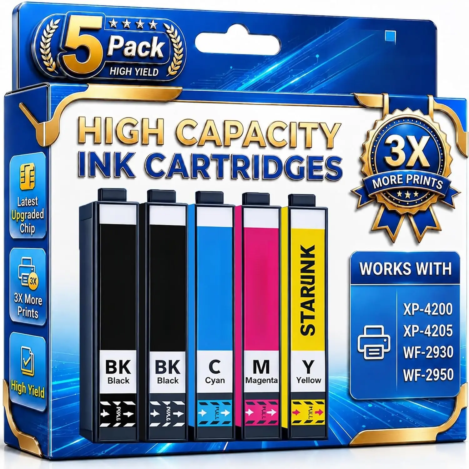 Remanufactured High-Capacity 232XL Series Ink Cartridges, 5-Pack with Black, Cyan, Magenta, Yellow for Epson Home/Office Printers (Workforce WF-2950, WF-2930, Expression XP-4200, XP-4205)