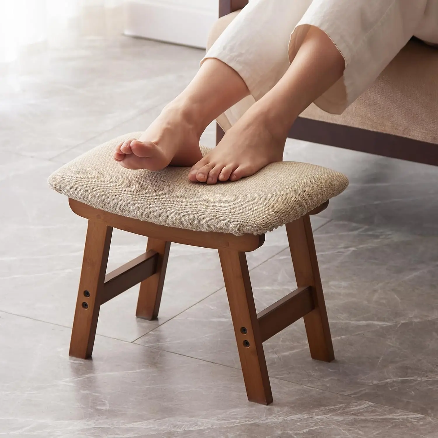 Bamboo Small Foot Stool Ottoman, Under Desk Sofa Foot Rest, Extra Seating for Living Room, Bedroom and Kitchen, Brown Stool Legs Beige Surface