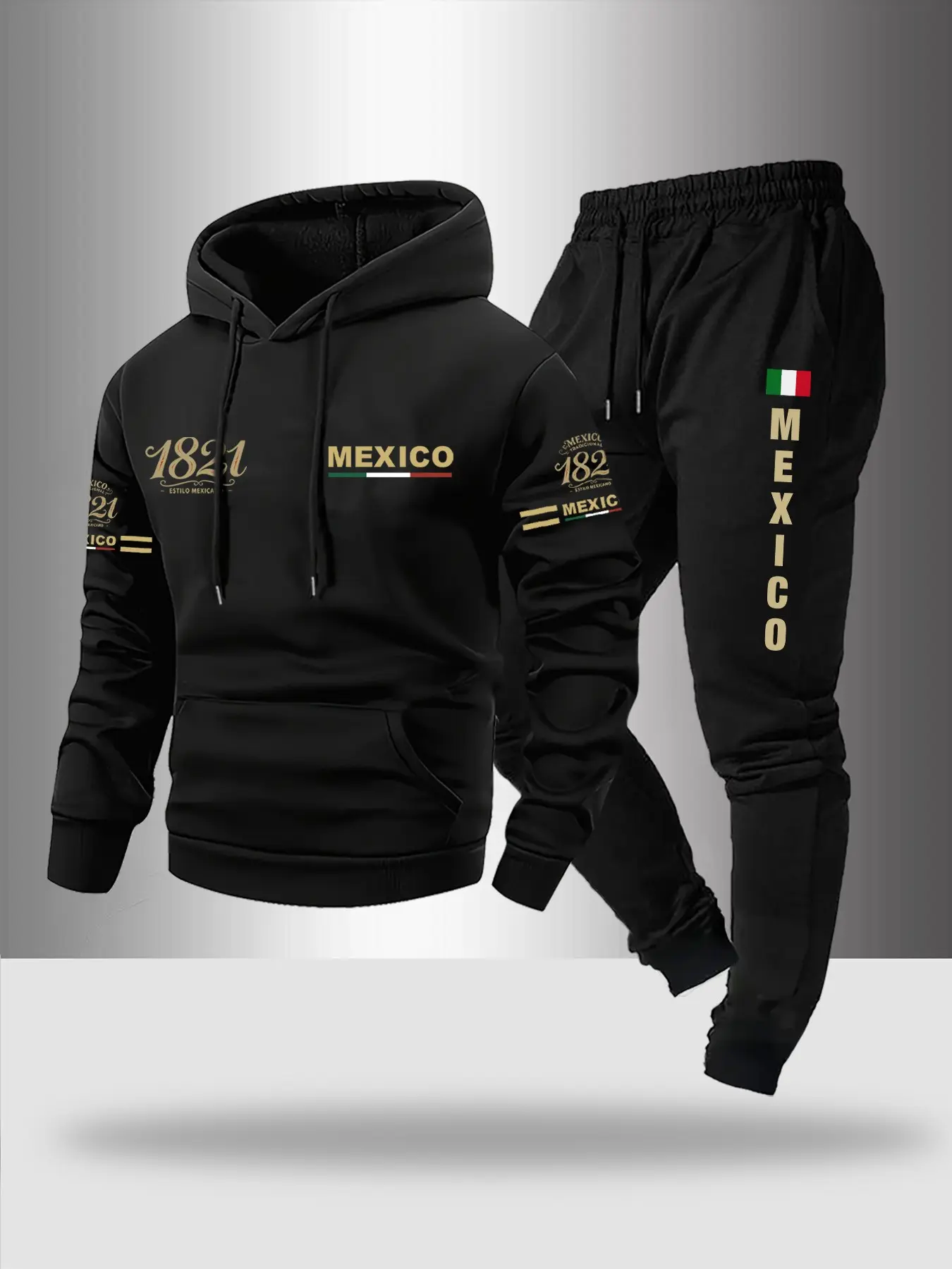 Men's Fall Winter Mexico Letter Print Long Sleeve Hoodie and Fleece Pants Set, Casual Fitted Suit, Comfortable Trendy Fashion, 2-Piece