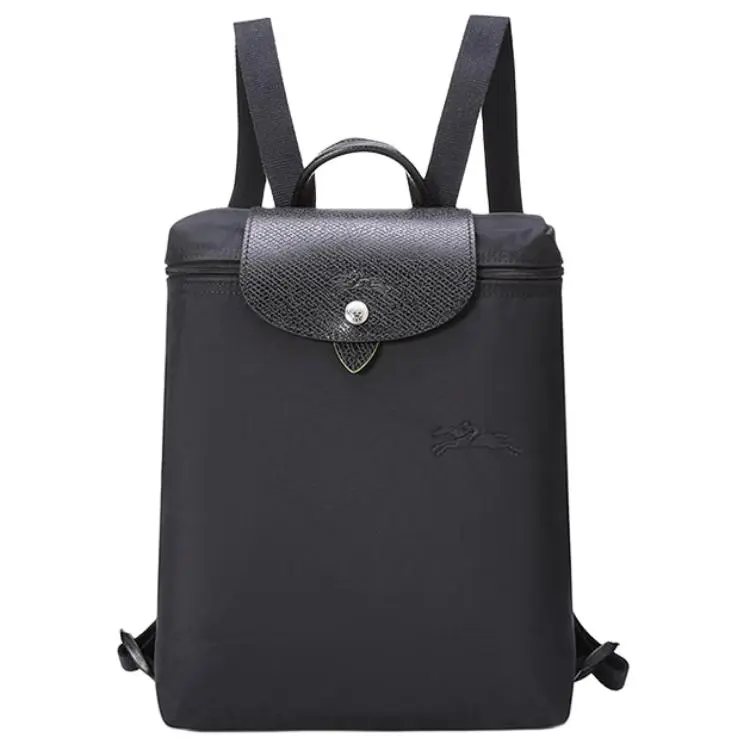 Longchamp Le Pliage Green 26 Foldable Backpack for Women – Recycled Canvas with Leather Trim, Black