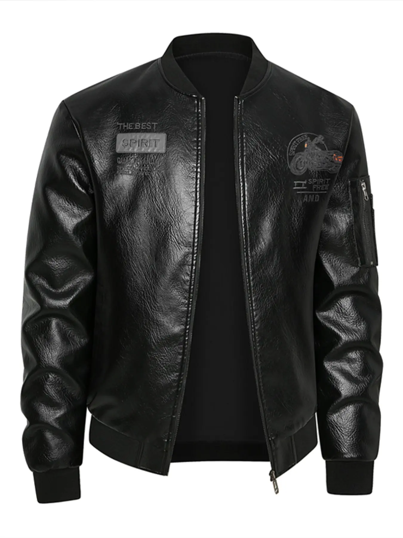 Classic Stand Collar Faux Leather Bomber Jacket For Men, Graphic Motorcycle Print Zip Up Biker Coat, Daily Casual Outdoor Leather Outerwear With Arm Zipper Pocket, Menswear