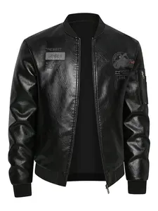 Classic Stand Collar Faux Leather Bomber Jacket For Men, Graphic Motorcycle Print Zip Up Biker Coat, Daily Casual Outdoor Leather Outerwear With Arm Zipper Pocket