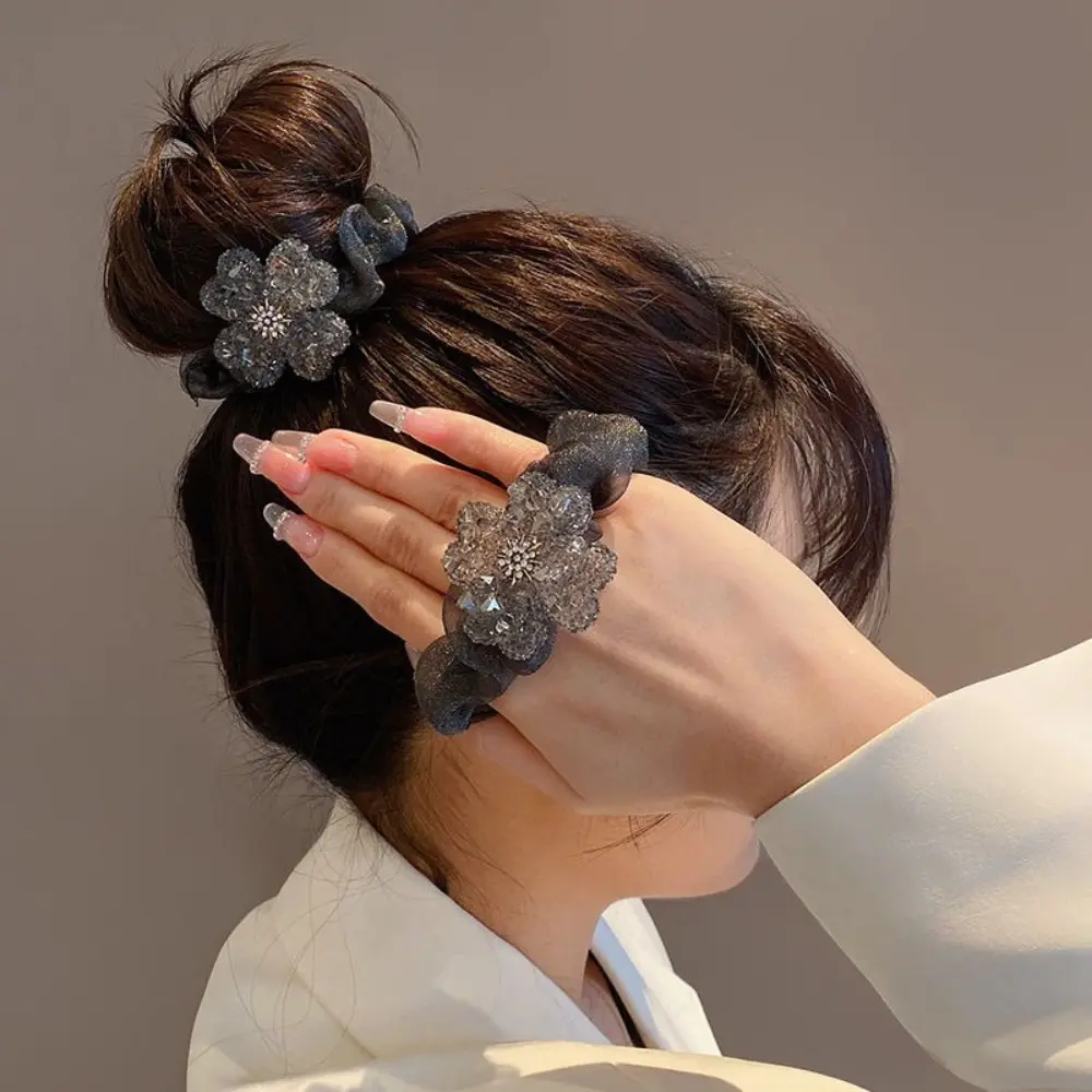Female Trending Glittering Rhinestone Hair Bands Set (3 Pcs) - Silky Elastic Ties with Floral Stars Patterns, Dazzling Look Ponytail Holders for Daily Wear & Special Occasions
