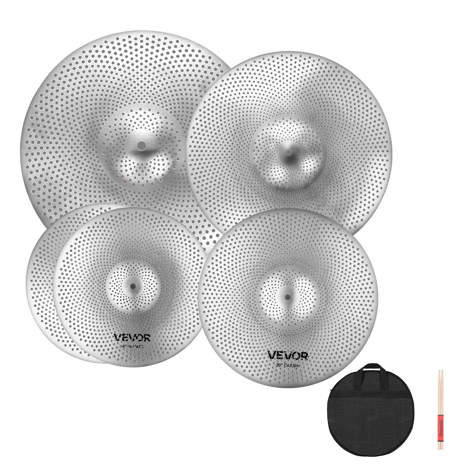 【DealsForYouDays】VEVOR Low Volume Cymbal Pack, 4 Pieces Quiet Cymbals for Drum Set, Alloy Cymbals Drum Set Includes 14-inch Hi-Hats, 16-inch Crash, 18-inch Crash, 20-inch Ride, Drumsticks Cymbal Bag, Bright Copper