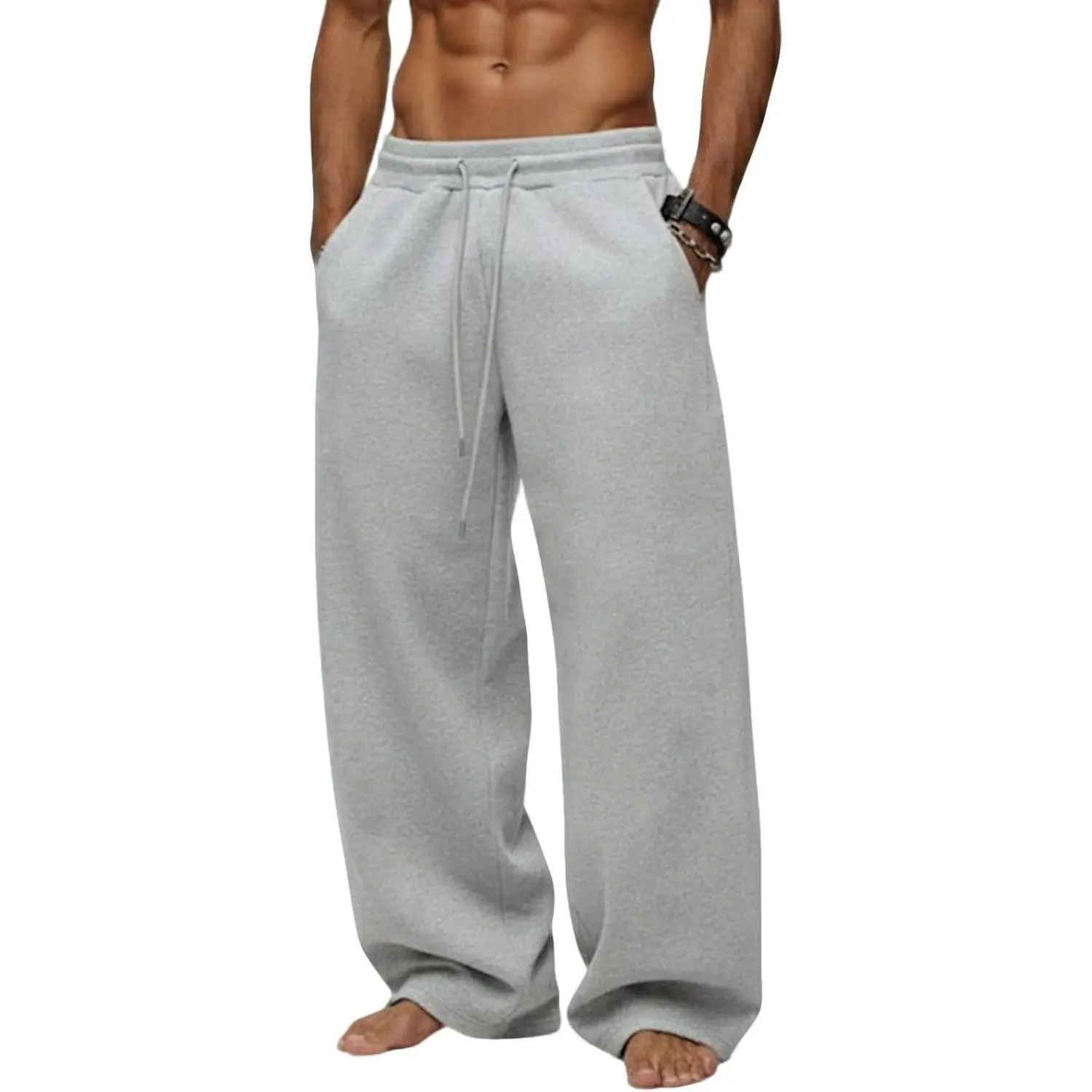 Men's Wide Baggy Fit Drawstring Sweatpants - Solid Heavyweight Fleece Uncuffed Quick-Dry Athletic Lounge Pants with Pockets, Sporty Chic for Casual Wear & Outdoor Sports