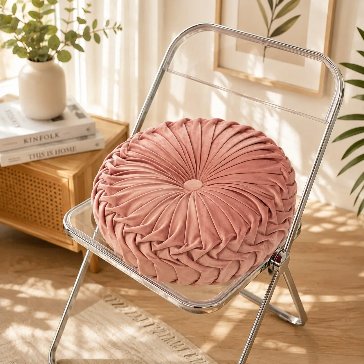 Luxury Pleated Velvet Round Pillow, Floral Soft Cushion for Sofa, Bed Head, Bedroom Decor, Multiple Colors Available