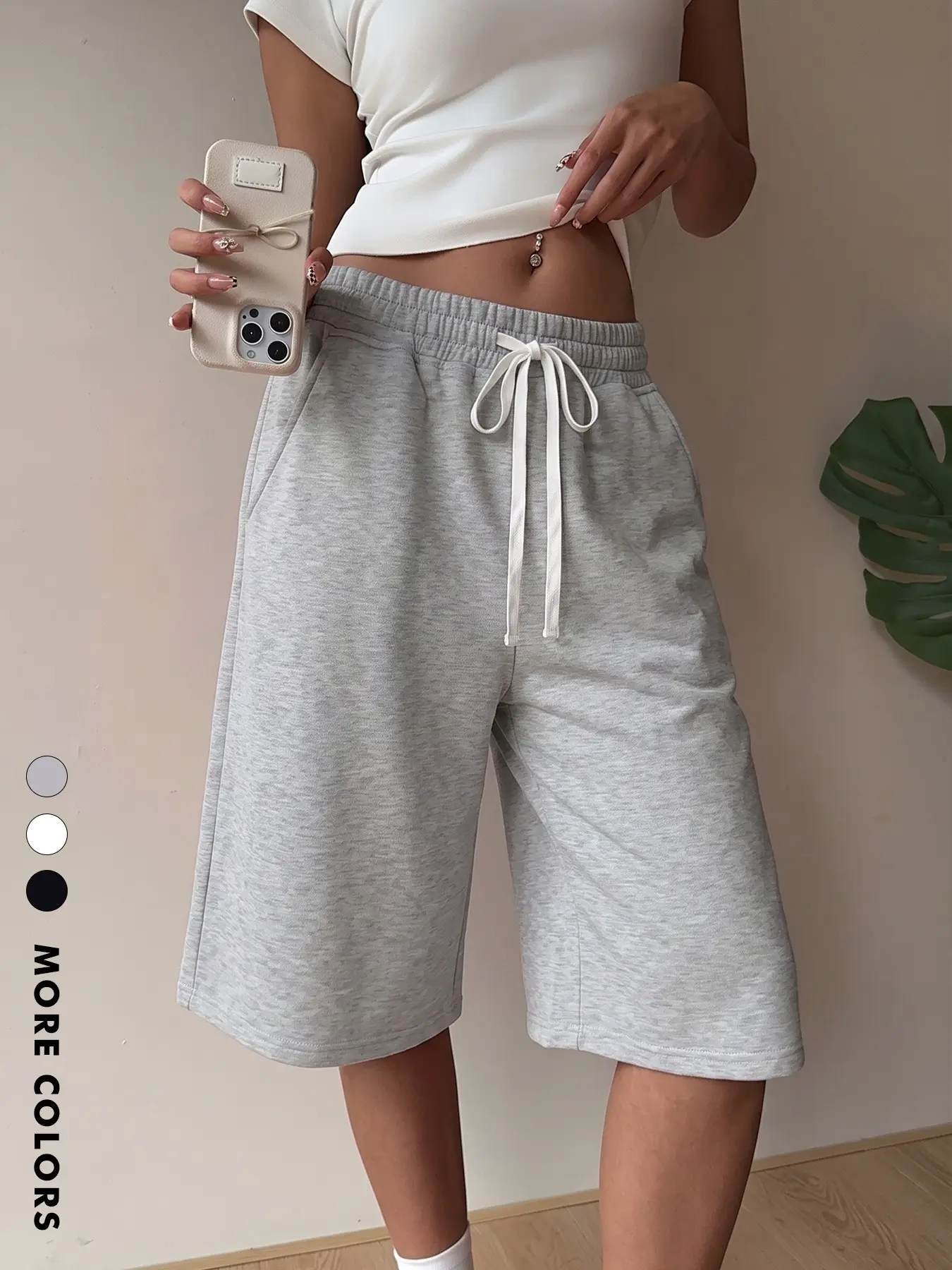 Heather Grey Drawstring High Waist Wide Leg 7/8 Length Capri Sweat Pants Women Soft Knit Oversized Daily Coffee Street Outdoor All Season Casual Lounge Cropped Capri Bottoms, Casual Style Bottoms