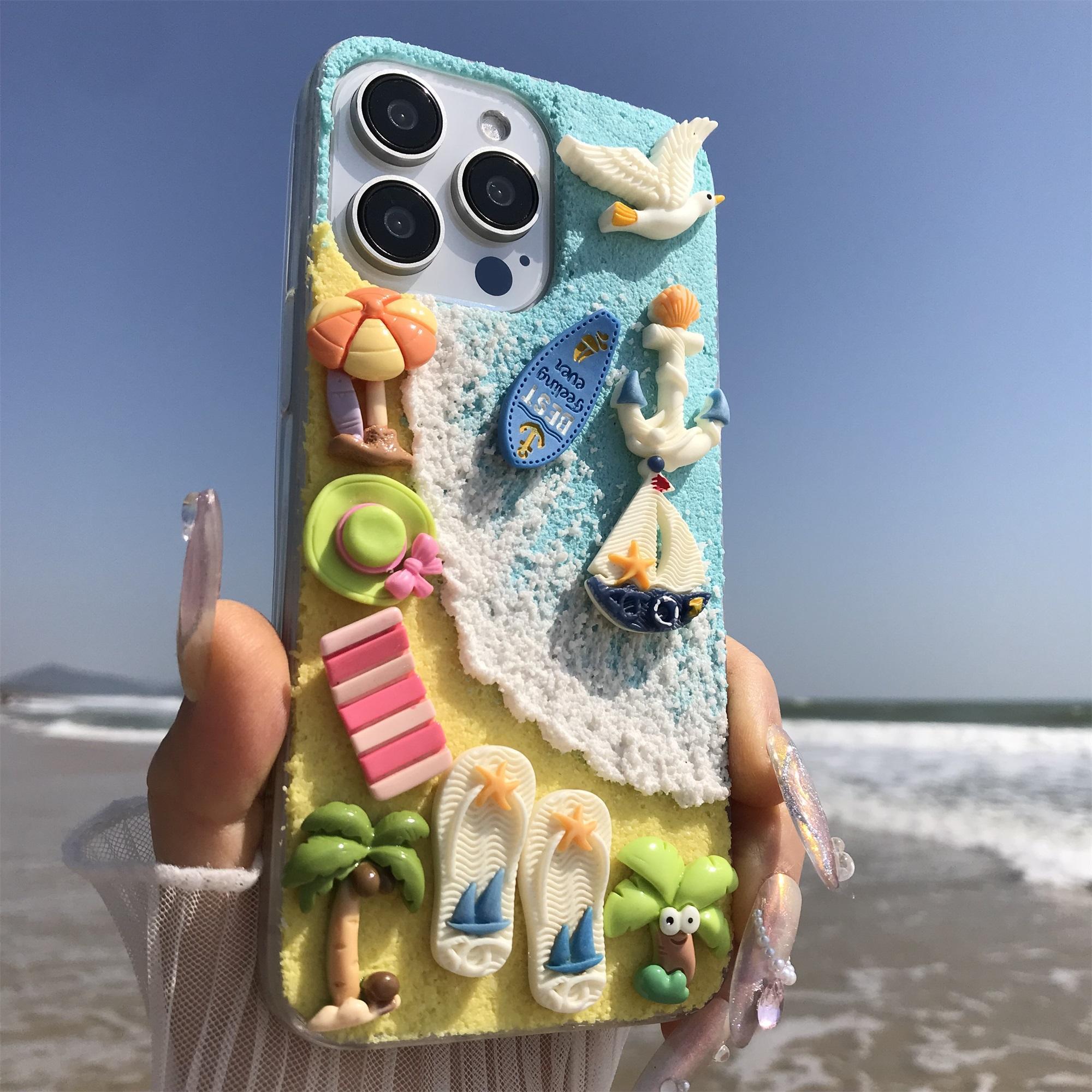 Handmade Beach Sailboat Sun Chair Coconut Tree Seagull Aesthetic Protective Smartphone Case for iPhone 17 16 15 14 13 12 11 Pro Max, Soft Tpu Anti-Slip Back Cover