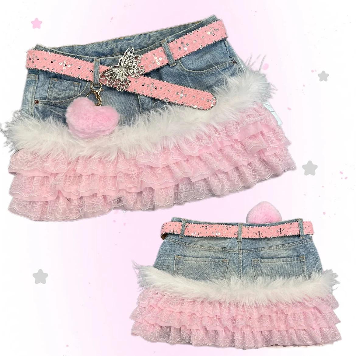 Original Y2K Vintage Low Waist Lace Trim Kitty Short Skirt Cute Millennium Handmade Cake Skirt Girls Sweet Style Denim Fabric