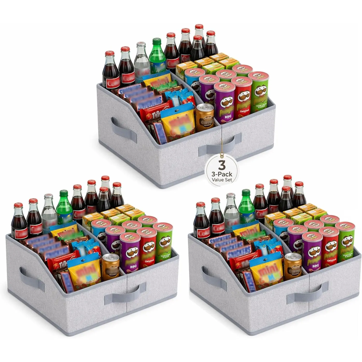 3 Pack Snack Organizer for Countertop, Extra Large Snack Basket with Open Front Design, Handles & Spacious Compartments, Pantry Snack Storage Bin for Kitchen, Cabinet, Bedroom & Game Room.