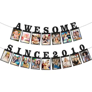 Pre-Strung Awesome Since 2010 Black Glitter Photo Banner Sweet 16th Birthday Anniversary Party Decorations Supplies for Girls Boys