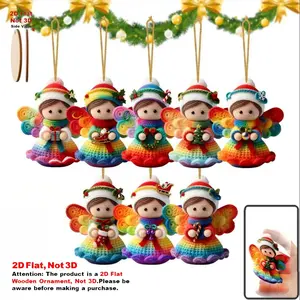 8pcs Wooden Angel Decorative Hanging Ornaments, Colorful 2D Flat Design, Ideal for Family, Parties, Home Decoration, Easy to Hang with Rope