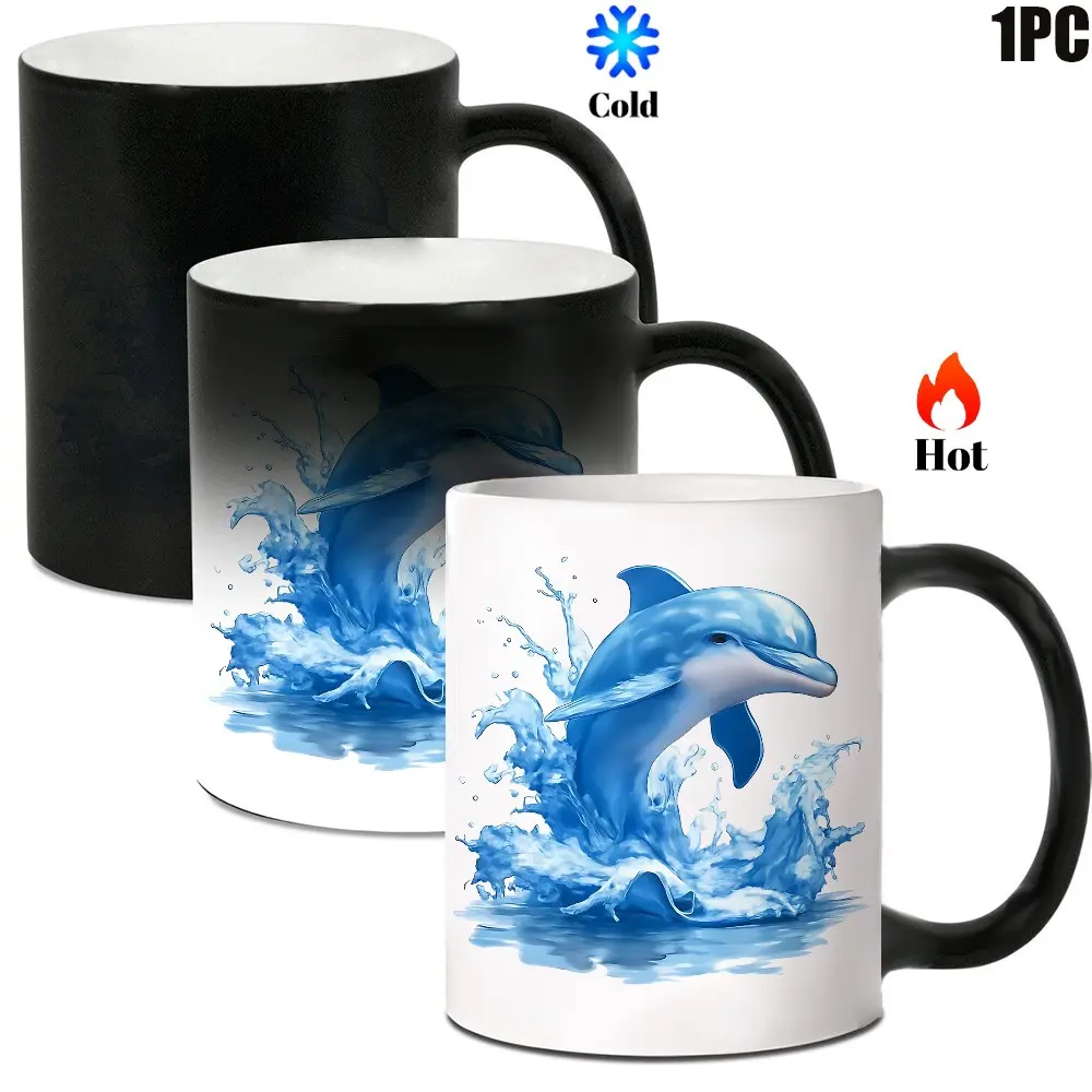 1pc Blue Dolphin Ceramic Coffee Mug - Color Changing Design for Hot and Cold Drinks Ceramic Mugs, Home, Office or Gift Use, Office Drinkware | Vivid Pattern | Unique Color Changing Function, Best Gift