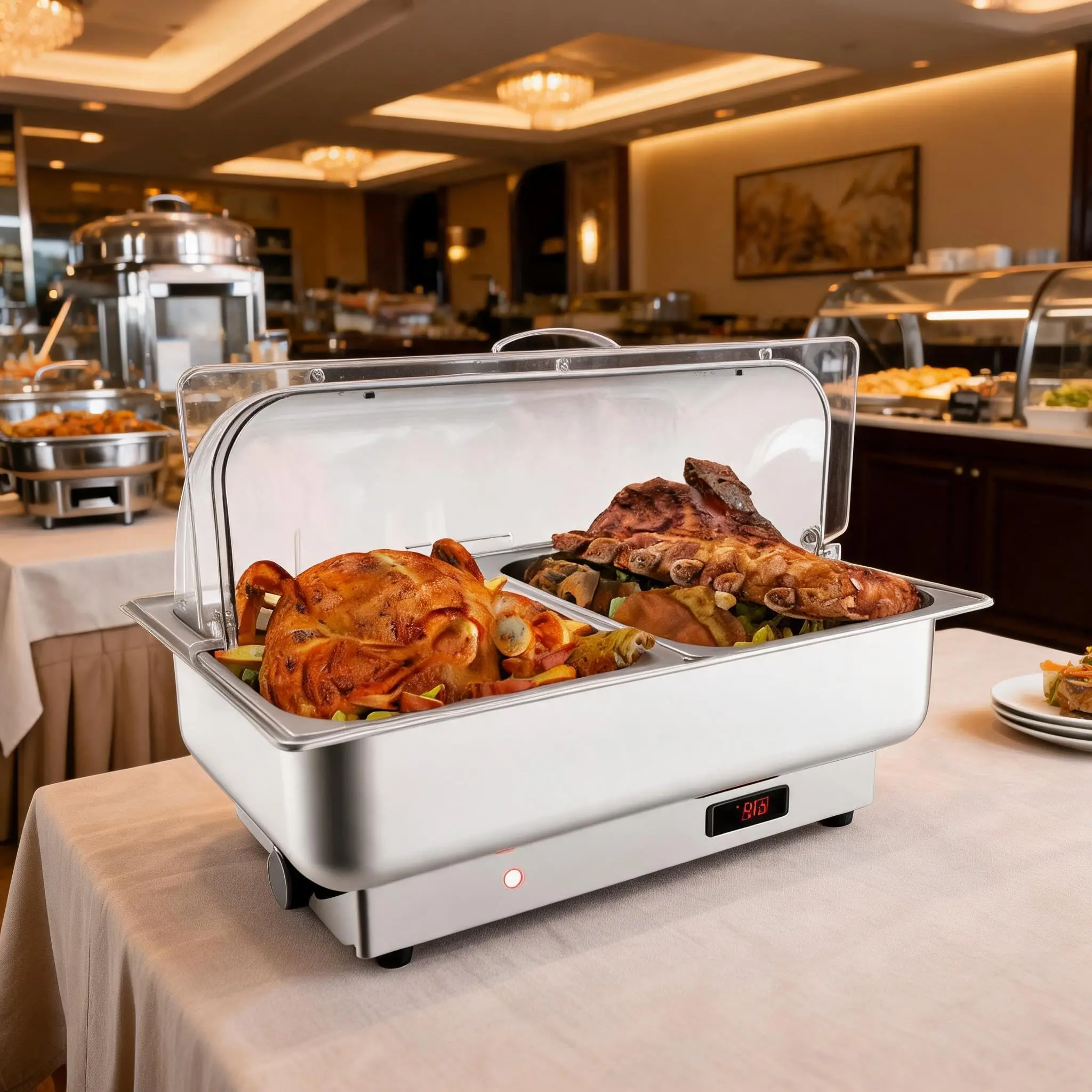 Garvee 2-Pack Electric Roll Top Chafing Dish Buffet Set, 9 Qt Stainless Steel Food Warmer Server - 400W Adjustable Thermostat 86–200°F - Includes 1 Full-Size Pan + 2 Half-Size Pans - For Catering Parties Weddings
