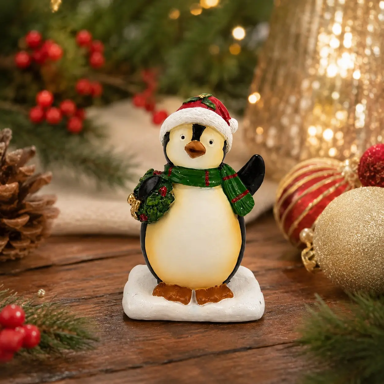 1PC Christmas Penguin Figurine with Santa Hat, Scarf and Wreath, Festive Tabletop Decor for Mantel, Shelf, Living Room, Entryway, Office and Holiday Gift