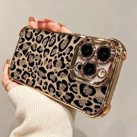 No shiny sparkle-Leopard Print Electroplated Luxury Crystal Cellphone Case-Casing Cover for Handheld Smart Devices (18,17 Pro Max,17 Air,16 E,15 Plus,14,13,12,11,X,XSR) - Modern Stylish Design, Comprehensive Protection, Ideal Gift