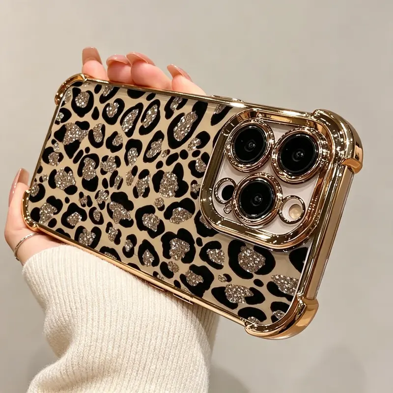No shiny sparkle-Leopard Print Electroplated Luxury Crystal Cellphone Case-Casing Cover for Handheld Smart Devices (18,17 Pro Max,17 Air,16 E,15 Plus,14,13,12,11,X,XSR) - Modern Stylish Design, Comprehensive Protection, Ideal Gift