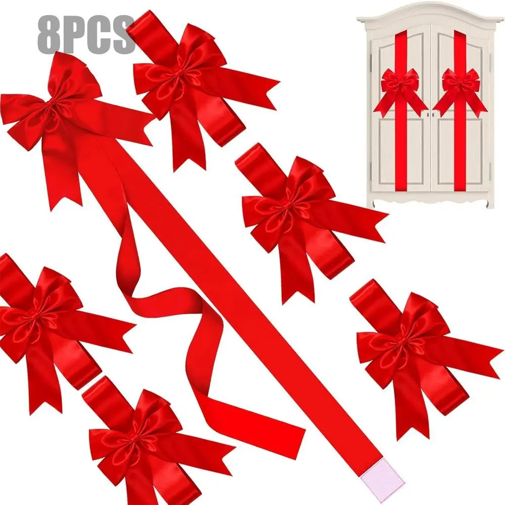 8pcs Christmas & New Year Cabinet Ribbon Bows, Large Garland Bows 8x40 Inches, Party Decorations, Fireplace Door Festive Supplies