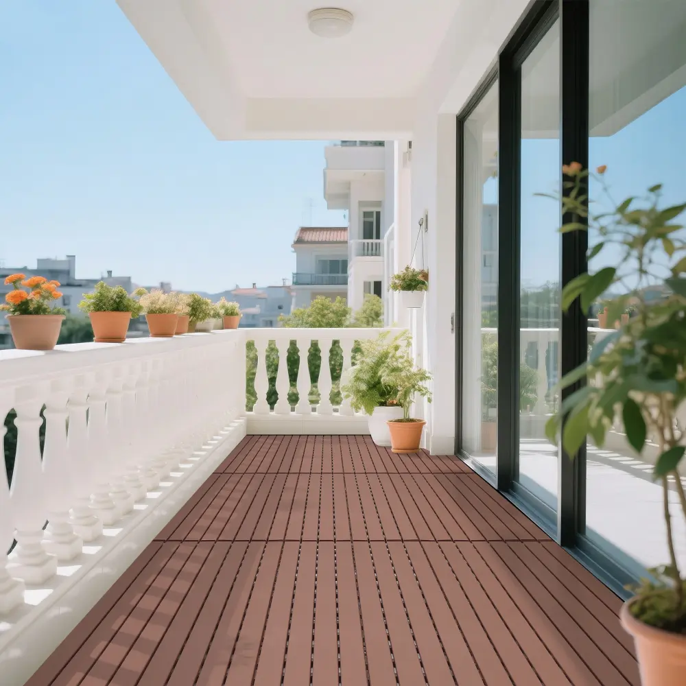 22PCS Snap-Together Brown Wood Plastic Composite Deck Tiles, DIY Waterproof Outdoor Flooring for Backyard, Easy-Install Patio Mats