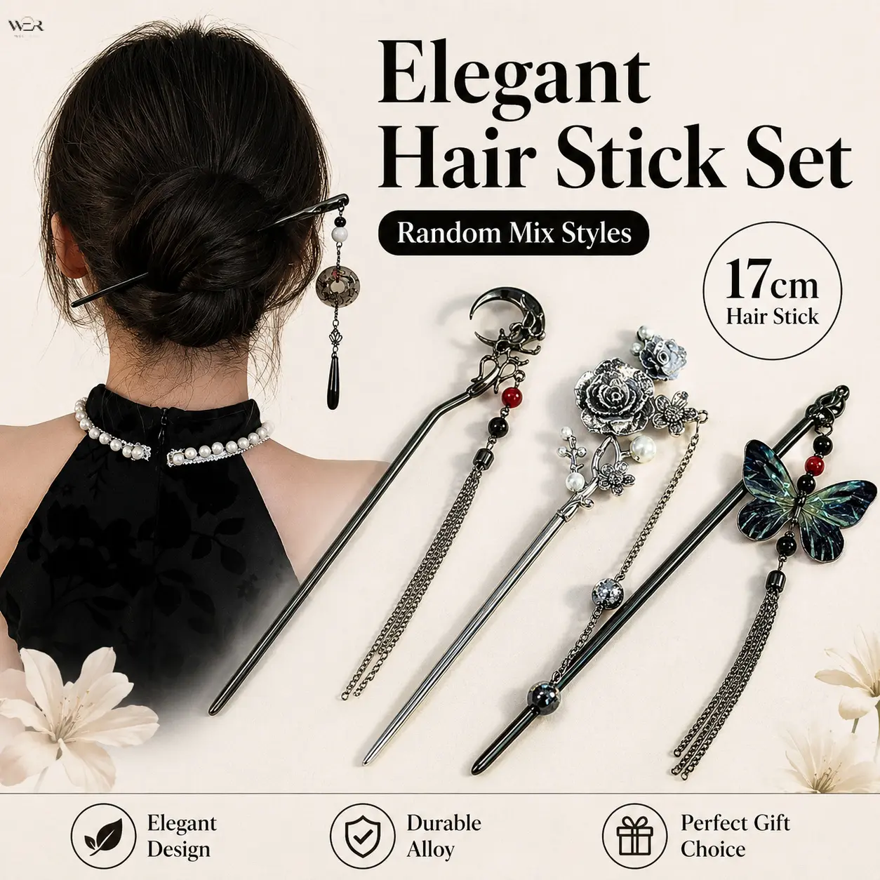 Ancient Vintage Chinese Tassel Hair Stick Set (6 Styles) - 17cm Titanium Alloy Black Smooth Pin with Jade Donut, Moon, Butterfly Pendants, Traditional Hanfu Updo Hairpin for Retro Daily, Festival Outfits Styling, Vintage Tassels