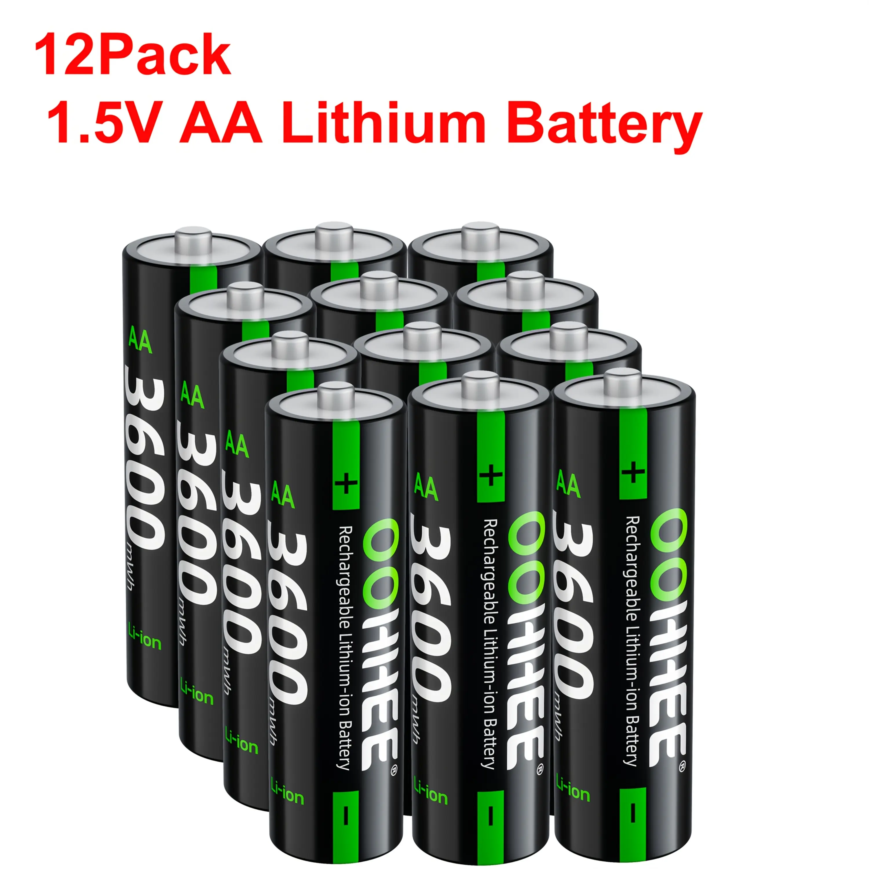 OOHHEE 12 Pack 3600Mwh 1.5V AA Rechargeable Lithium Battery, Suitable for Daily Home And Office AA Electronic Devices Such As Wireless Microphones, Alarms, Remote Controls, Calculators