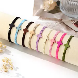 9PCS Turquoise Cross Hand Woven Adjustable Rope Bracelet, Unisex Beach Anklet & Wrist Jewelry, Waterproof Braided String Foot Chain, Summer Vacation Holy Blessing Gift