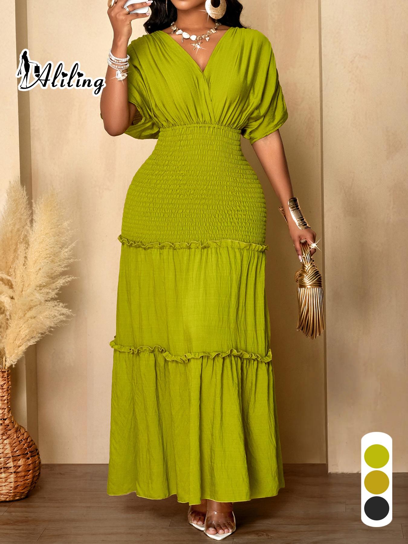 Aliling Elegant Women Dress Waist Shirred Knit Long Dresses V Neck Short Sleeve Slim Fitted Solid Female Bodycon Casual Daily Wear Clothing