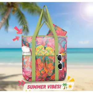 Large Capacity Mesh Beach Tote Bag with 3 Front Pockets and Zip Pouch Quick Dry Sand Resistant Travel Bag