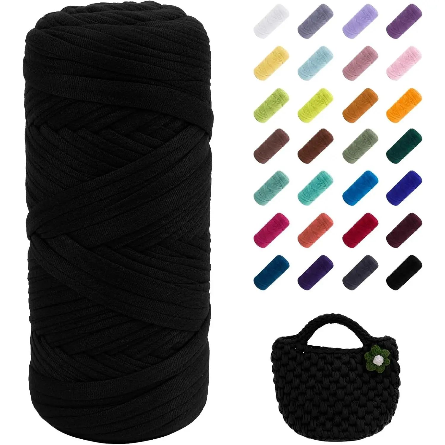 T-Shirt Yarn, 200g/196ft Elastic Fabric Cloth Knitting T Shirt Yarn, Black Thick Crochet Fabric Ribbon for Crocheting Bags/Baskets/Rugs,  Decor, DIY Crafts