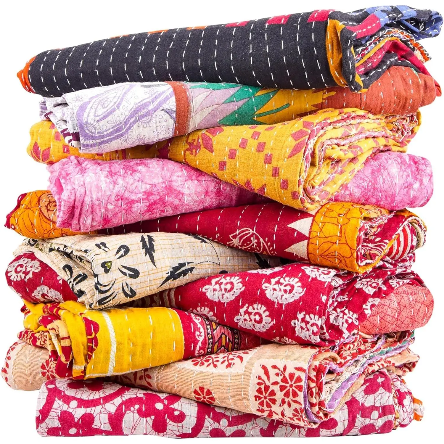 3 PCs Vintage Handmade Kantha Quilt Hippie Bohemian Blanket Patch Hand Stitched Bedspread Recycled Cotton Twin Size Reversible Throw