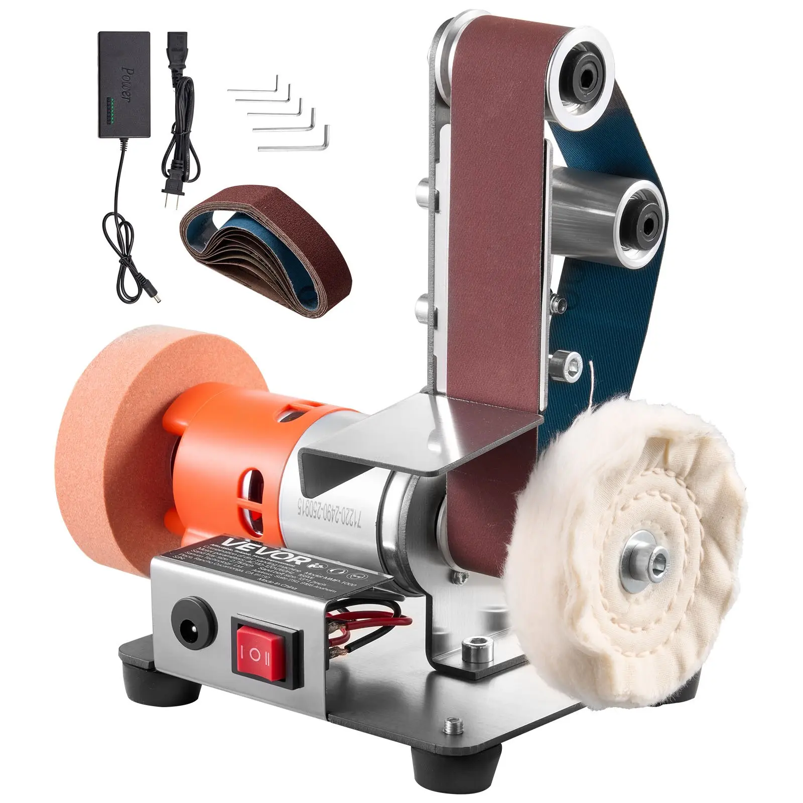 VEVOR 3-in-1 Mini Belt Sander, 13" x 1.2" Sanding Belt, 2.75" Grinding Polishing Wheel Combo, 7-Speed Adjustable with Forward/Reverse Control for Woodworking, Jewelry Making, Knife Sharpening